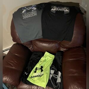 Under Armour Black and Gray T-Shirts with Neon Green Shorts